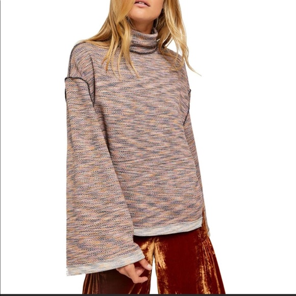 FREE PEOPLE Sunny Days Flared Sleeve Woven Knit Turtleneck Maroon Sweater NWT - Picture 2 of 10